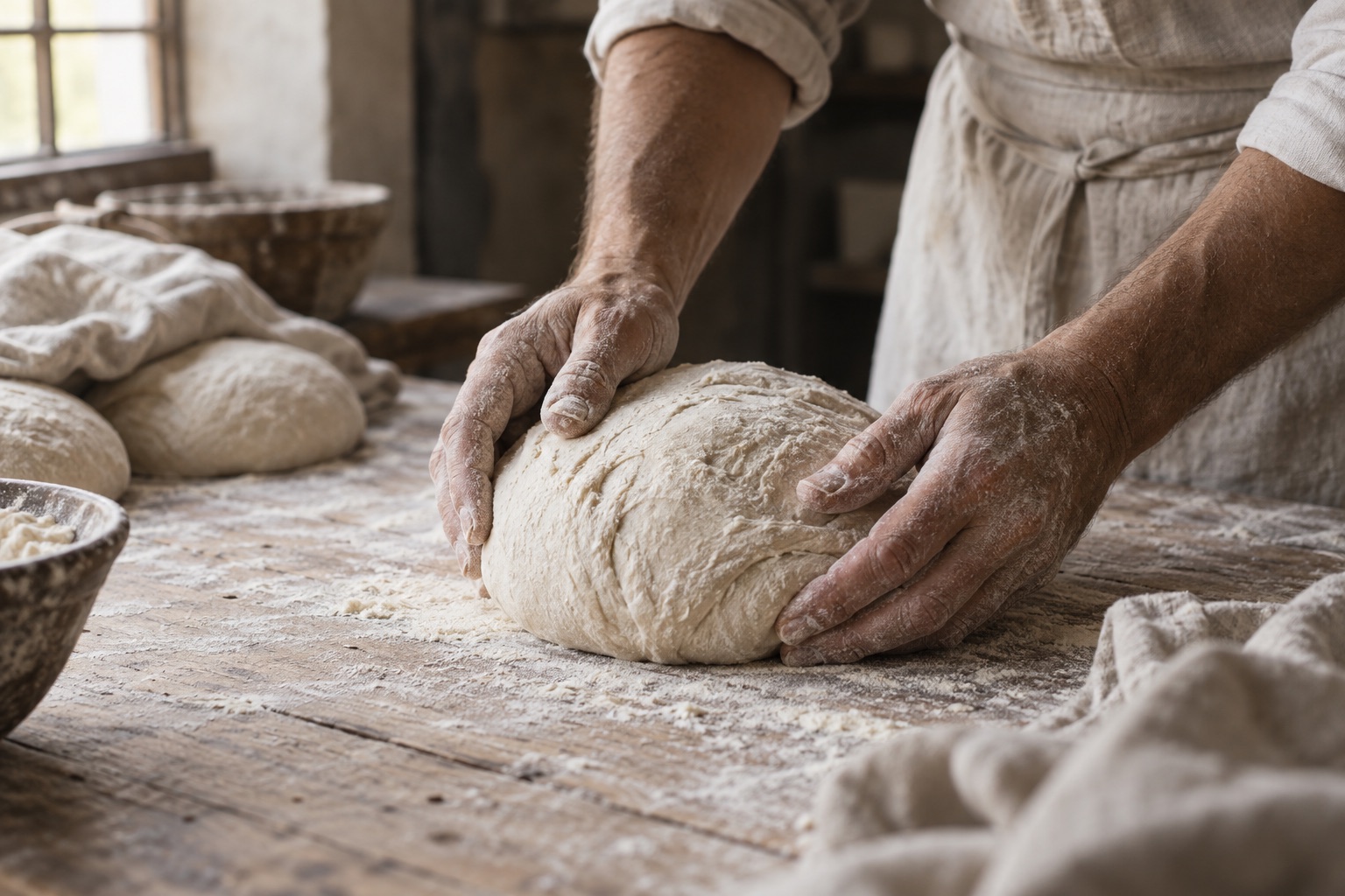 Des mains farinées façonnent une boule de pâte sur un plan de travail en bois.
